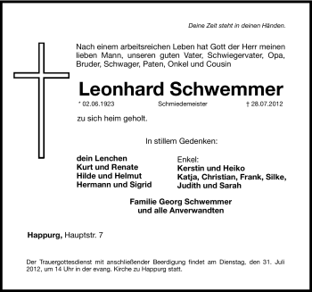 Traueranzeige von Leonhard Schwemmer von Hersbrucker Zeitung